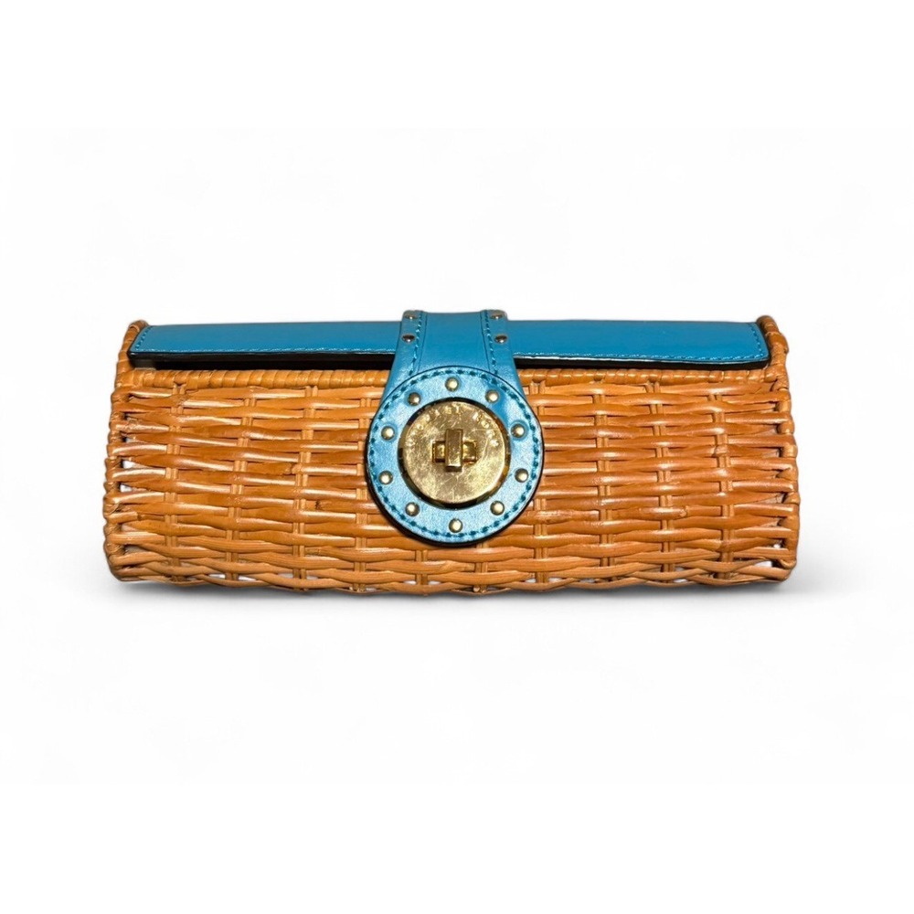Michael Kors Wicker Straw Clutch Bag Turquoise Blue Leather Gold Turn Lock